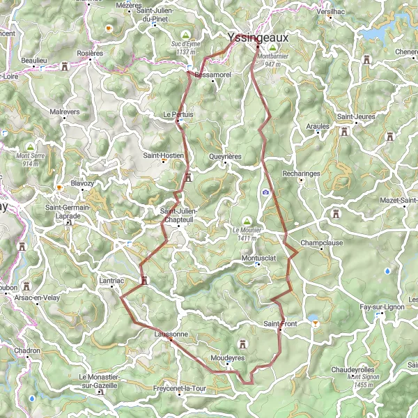 Miniature de la carte de l'inspiration cycliste "Les crêtes et les panoramas" dans la Auvergne, France. Générée par le planificateur d'itinéraire cycliste Tarmacs.app