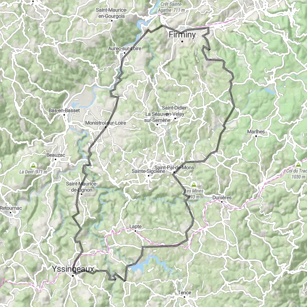 Miniature de la carte de l'inspiration cycliste "Les villages et les vallées" dans la Auvergne, France. Générée par le planificateur d'itinéraire cycliste Tarmacs.app