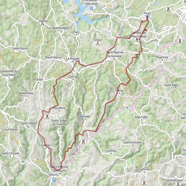 Miniature de la carte de l'inspiration cycliste "Sansac-de-Marmiesse - Le Rouget - Saint-Étienne-de-Maurs" dans la Auvergne, France. Générée par le planificateur d'itinéraire cycliste Tarmacs.app