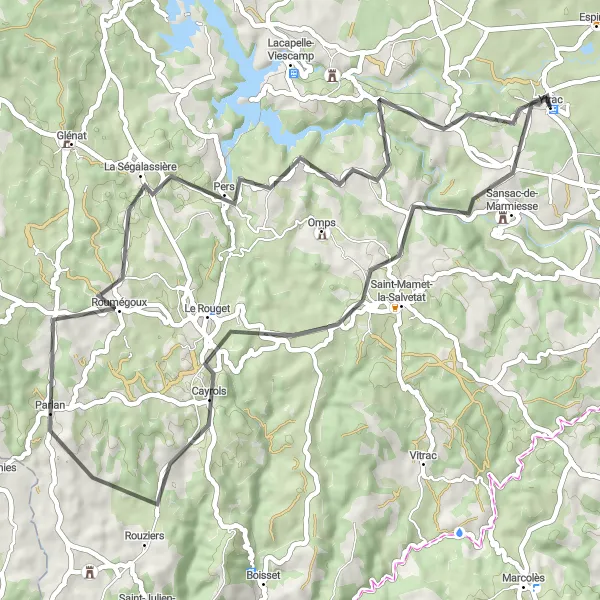 Map miniature of "Road Route to Cayrols and La Ségalassière" cycling inspiration in Auvergne, France. Generated by Tarmacs.app cycling route planner