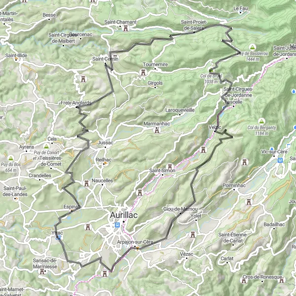 Map miniature of "Road Route to Freix-Anglards and Château de Conros" cycling inspiration in Auvergne, France. Generated by Tarmacs.app cycling route planner