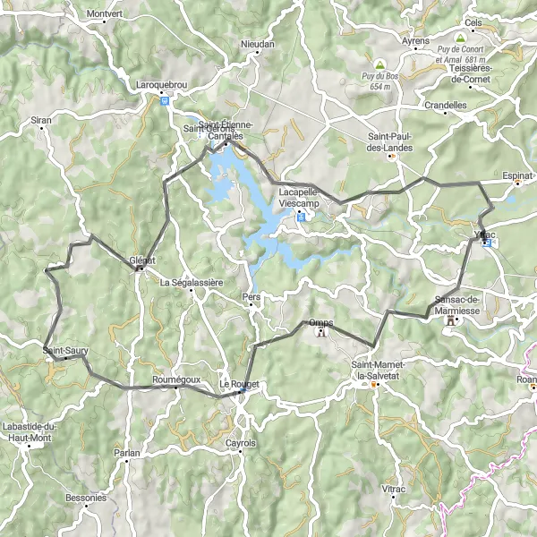 Map miniature of "Road Route to Le Rouget and Saint-Saury" cycling inspiration in Auvergne, France. Generated by Tarmacs.app cycling route planner