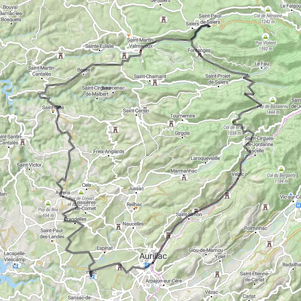 Miniature de la carte de l'inspiration cycliste "Aurillac - Ytrac - Aurillac" dans la Auvergne, France. Générée par le planificateur d'itinéraire cycliste Tarmacs.app