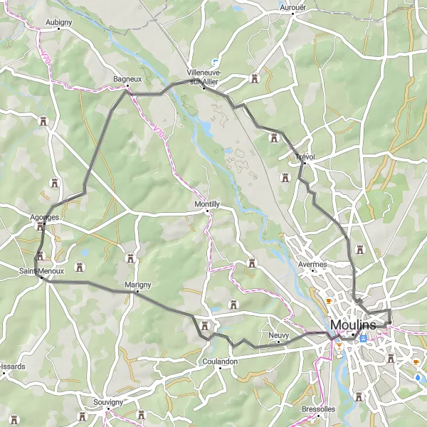 Map miniature of "Scenic Short Route to Moulins" cycling inspiration in Auvergne, France. Generated by Tarmacs.app cycling route planner