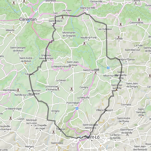 Miniature de la carte de l'inspiration cycliste "La Boucle des Oubeaux et Villiers-Fossard" dans la Basse-Normandie, France. Générée par le planificateur d'itinéraire cycliste Tarmacs.app