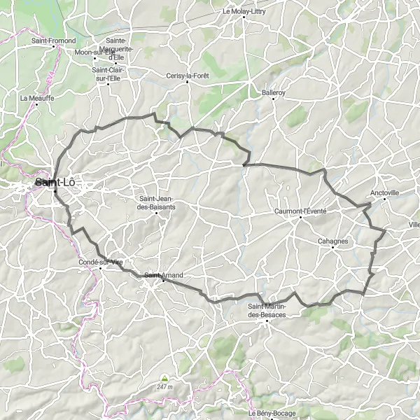 Miniature de la carte de l'inspiration cycliste "Parcours de découverte en Normandie" dans la Basse-Normandie, France. Générée par le planificateur d'itinéraire cycliste Tarmacs.app