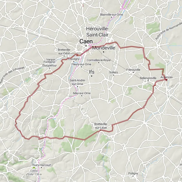 Map miniature of "Argences Gravel Adventure" cycling inspiration in Basse-Normandie, France. Generated by Tarmacs.app cycling route planner