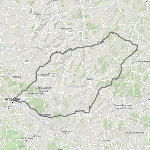 Map miniature of "Exhilarating Roads of Argentan" cycling inspiration in Basse-Normandie, France. Generated by Tarmacs.app cycling route planner