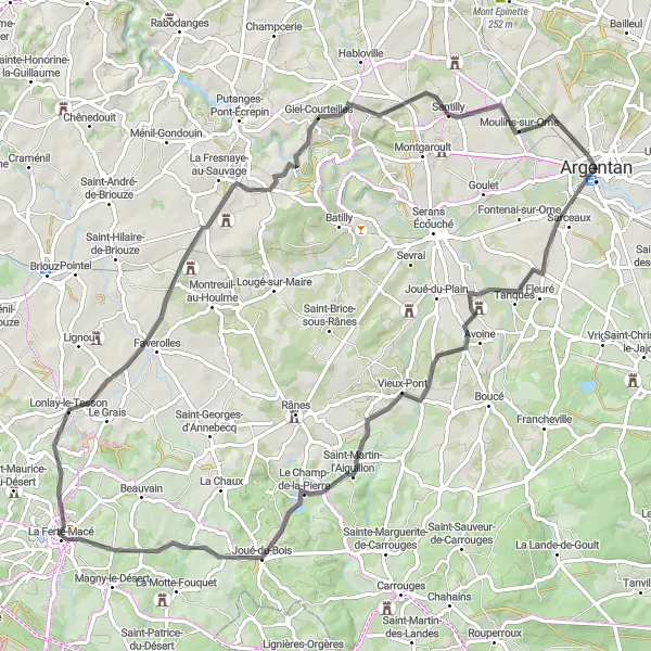 Miniature de la carte de l'inspiration cycliste "Circuit des Collines Normandes" dans la Basse-Normandie, France. Générée par le planificateur d'itinéraire cycliste Tarmacs.app