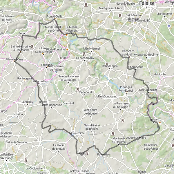 Map miniature of "Athis-de-l'Orne Road Route" cycling inspiration in Basse-Normandie, France. Generated by Tarmacs.app cycling route planner