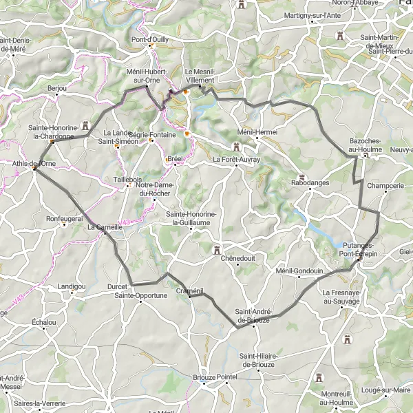 Map miniature of "Athis-de-l'Orne Road Route" cycling inspiration in Basse-Normandie, France. Generated by Tarmacs.app cycling route planner