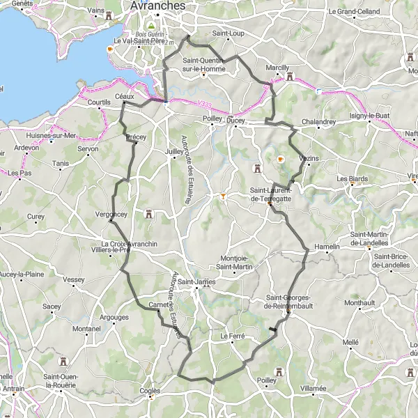 Map miniature of "Scenic Road Loop from Avranches" cycling inspiration in Basse-Normandie, France. Generated by Tarmacs.app cycling route planner