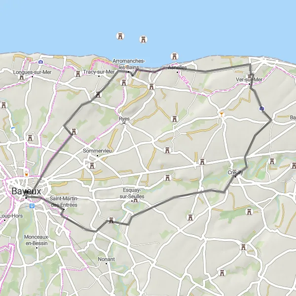 Map miniature of "Bayeux and Surroundings" cycling inspiration in Basse-Normandie, France. Generated by Tarmacs.app cycling route planner