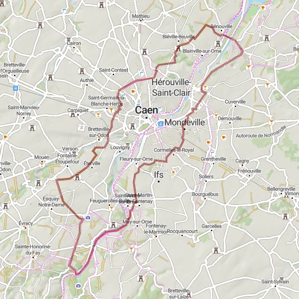 Miniature de la carte de l'inspiration cycliste "Boucle tout-terrain à travers Hill 112 et Manoir Balleroy" dans la Basse-Normandie, France. Générée par le planificateur d'itinéraire cycliste Tarmacs.app