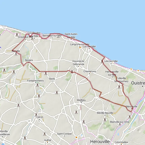Miniature de la carte de l'inspiration cycliste "Circuit gravel entre Colleville-Montgomery et Char Centaure" dans la Basse-Normandie, France. Générée par le planificateur d'itinéraire cycliste Tarmacs.app