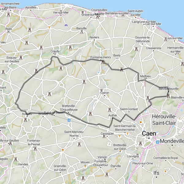 Map miniature of "Rural Beauty: Château de la Motte to Biéville-Beuville Loop" cycling inspiration in Basse-Normandie, France. Generated by Tarmacs.app cycling route planner