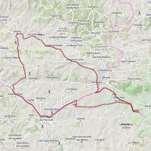 Miniature de la carte de l'inspiration cycliste "Circuit de la Vallée des Collines" dans la Basse-Normandie, France. Générée par le planificateur d'itinéraire cycliste Tarmacs.app