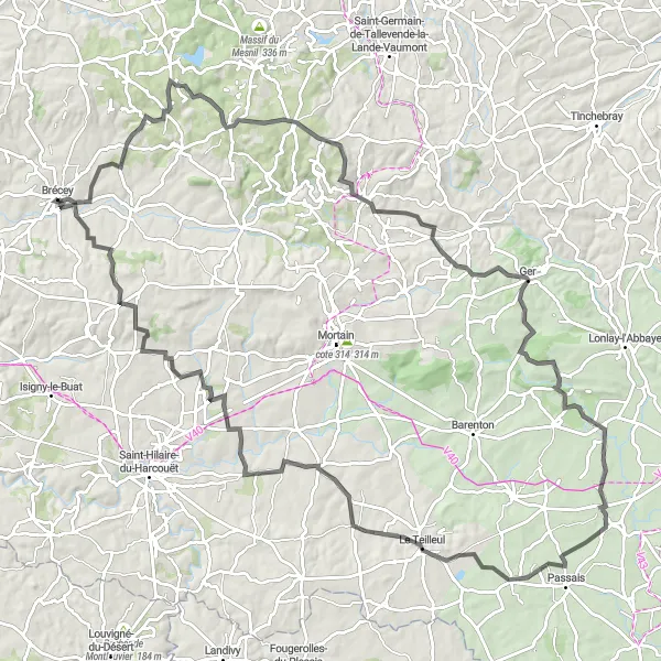 Map miniature of "Scenic Road Cycling Route from Brécey to Chasseguey" cycling inspiration in Basse-Normandie, France. Generated by Tarmacs.app cycling route planner