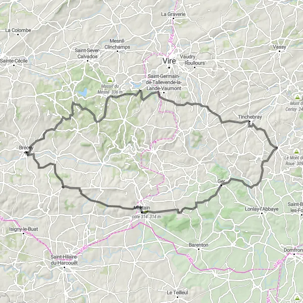 Map miniature of "Brécey to Le Mesnil-Rainfray Road Cycling Adventure" cycling inspiration in Basse-Normandie, France. Generated by Tarmacs.app cycling route planner