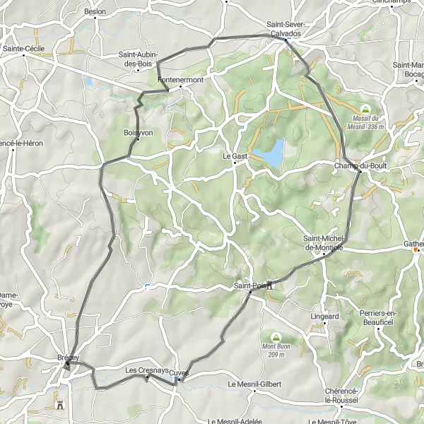 Map miniature of "Brécey to Boisyvon round-trip" cycling inspiration in Basse-Normandie, France. Generated by Tarmacs.app cycling route planner