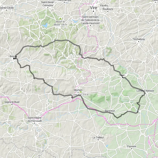 Miniature de la carte de l'inspiration cycliste "Le Tour des Collines Normandes" dans la Basse-Normandie, France. Générée par le planificateur d'itinéraire cycliste Tarmacs.app