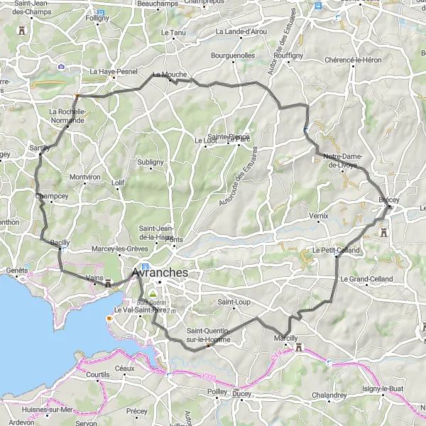 Map miniature of "Brécey to La Chaise-Baudouin Scenic Cycling Route" cycling inspiration in Basse-Normandie, France. Generated by Tarmacs.app cycling route planner