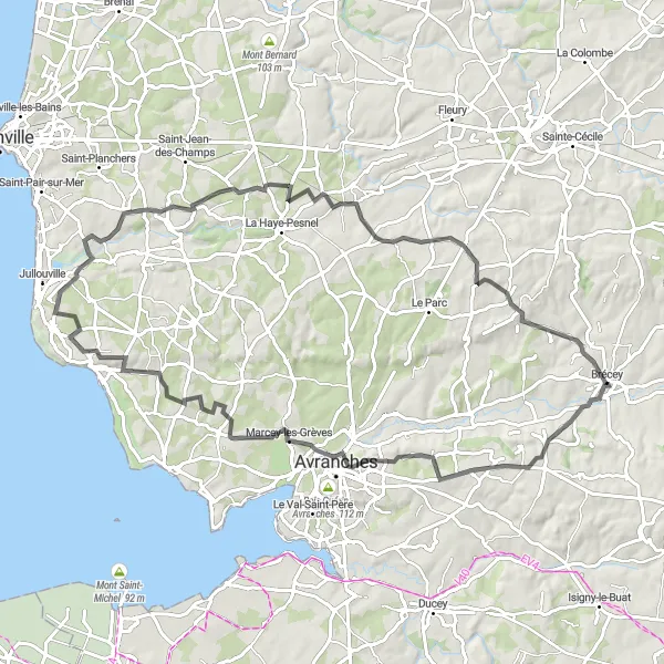 Map miniature of "Road Cycling Adventure from Brécey to Hocquigny" cycling inspiration in Basse-Normandie, France. Generated by Tarmacs.app cycling route planner