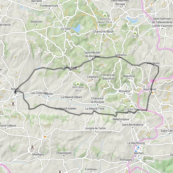 Miniature de la carte de l'inspiration cycliste "Parcours des Montagnes de la Manche" dans la Basse-Normandie, France. Générée par le planificateur d'itinéraire cycliste Tarmacs.app