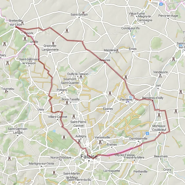 Miniature de la carte de l'inspiration cycliste "Parcours Gravel dans la Campagne Normande" dans la Basse-Normandie, France. Générée par le planificateur d'itinéraire cycliste Tarmacs.app