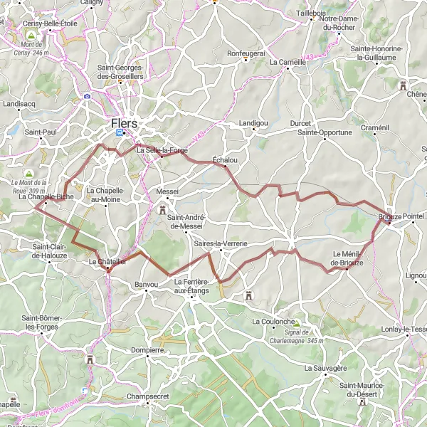 Map miniature of "Gravel Route with Stunning Landscapes and Charming Villages" cycling inspiration in Basse-Normandie, France. Generated by Tarmacs.app cycling route planner