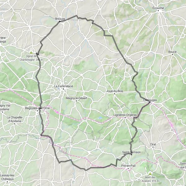 Miniature de la carte de l'inspiration cycliste "Les collines de l'Orne" dans la Basse-Normandie, France. Générée par le planificateur d'itinéraire cycliste Tarmacs.app