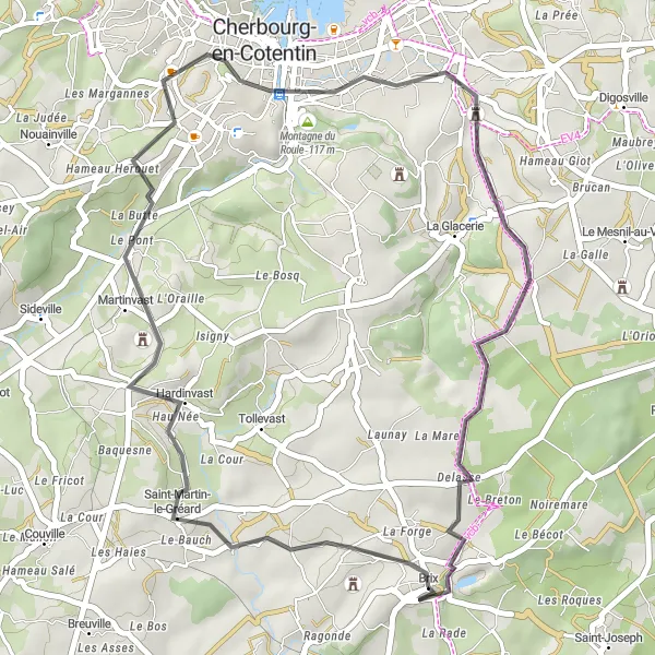 Map miniature of "Road Cycling Experience" cycling inspiration in Basse-Normandie, France. Generated by Tarmacs.app cycling route planner