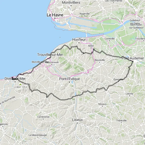 Map miniature of "Challenging Hinterland" cycling inspiration in Basse-Normandie, France. Generated by Tarmacs.app cycling route planner