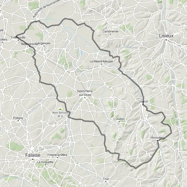 Miniature de la carte de l'inspiration cycliste "Boucle autour de Cagny: Châteaux et Fromages" dans la Basse-Normandie, France. Générée par le planificateur d'itinéraire cycliste Tarmacs.app