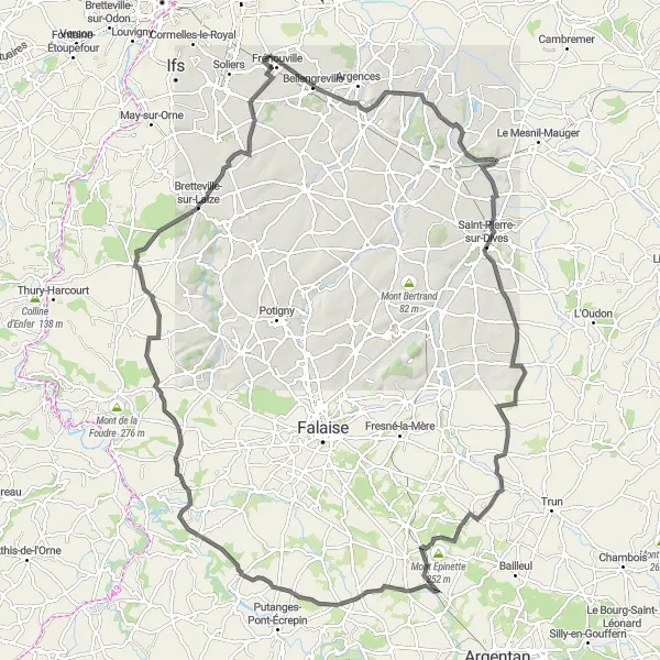 Miniature de la carte de l'inspiration cycliste "Le Circuit de la Vallée de l'Orne" dans la Basse-Normandie, France. Générée par le planificateur d'itinéraire cycliste Tarmacs.app