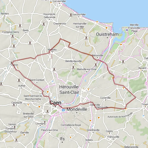 Map miniature of "Scenic Gravel Cycling Route near Cairon" cycling inspiration in Basse-Normandie, France. Generated by Tarmacs.app cycling route planner