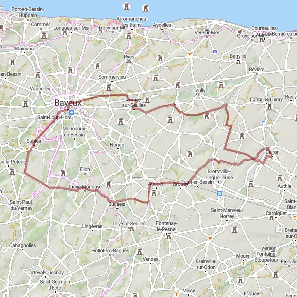 Miniature de la carte de l'inspiration cycliste "La Route des Châteaux et Palais de Caen" dans la Basse-Normandie, France. Générée par le planificateur d'itinéraire cycliste Tarmacs.app