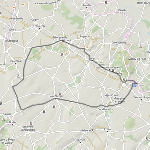 Miniature de la carte de l'inspiration cycliste "Parcours des Villages Normands" dans la Basse-Normandie, France. Générée par le planificateur d'itinéraire cycliste Tarmacs.app