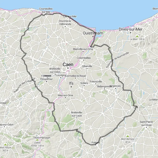 Map miniature of "Challenging road cycling route through Basse-Normandie" cycling inspiration in Basse-Normandie, France. Generated by Tarmacs.app cycling route planner