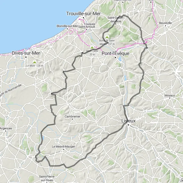 Map miniature of "The Mountainous Adventure" cycling inspiration in Basse-Normandie, France. Generated by Tarmacs.app cycling route planner
