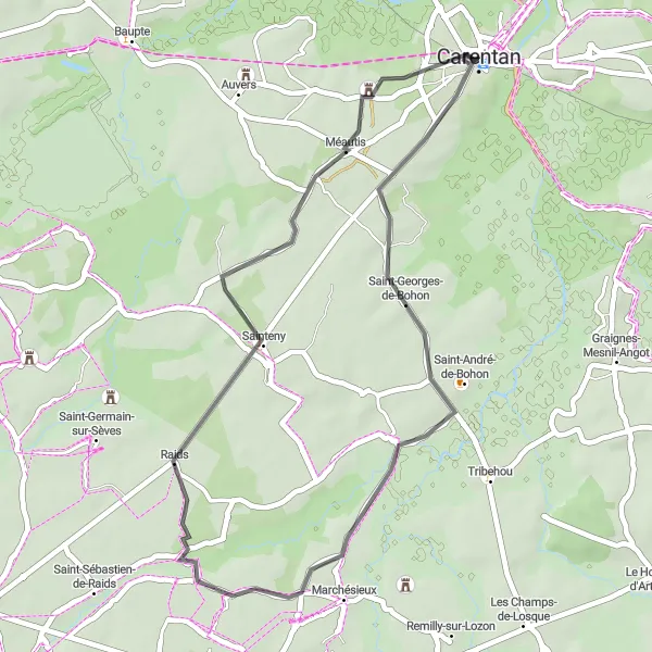 Map miniature of "Countryside Roads and Villages" cycling inspiration in Basse-Normandie, France. Generated by Tarmacs.app cycling route planner