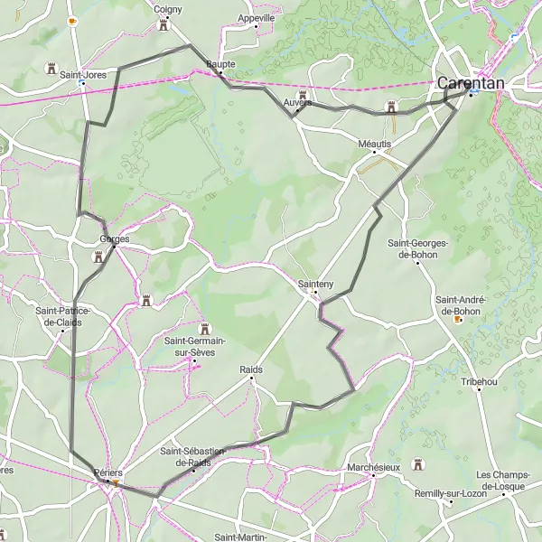 Map miniature of "Road Cycling in Auxais" cycling inspiration in Basse-Normandie, France. Generated by Tarmacs.app cycling route planner