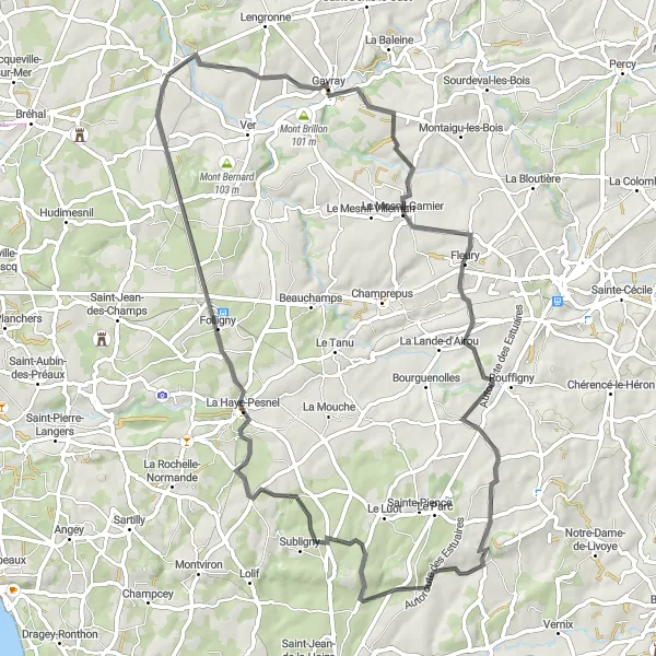 Map miniature of "The Gavray Tour" cycling inspiration in Basse-Normandie, France. Generated by Tarmacs.app cycling route planner