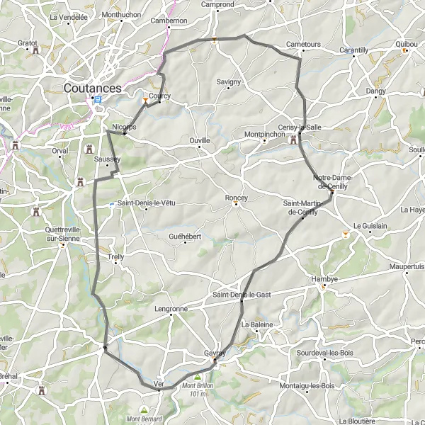 Miniature de la carte de l'inspiration cycliste "Découverte de la campagne normande à vélo" dans la Basse-Normandie, France. Générée par le planificateur d'itinéraire cycliste Tarmacs.app