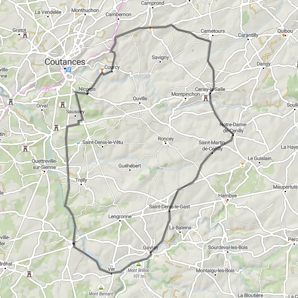 Map miniature of "The Saint-Louet Path" cycling inspiration in Basse-Normandie, France. Generated by Tarmacs.app cycling route planner