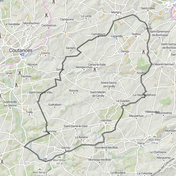Map miniature of "Saint-Denis-le-Vêtu Loop" cycling inspiration in Basse-Normandie, France. Generated by Tarmacs.app cycling route planner