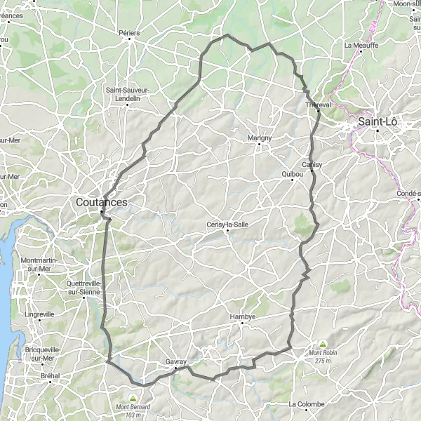 Map miniature of "The Coutances Circuit" cycling inspiration in Basse-Normandie, France. Generated by Tarmacs.app cycling route planner