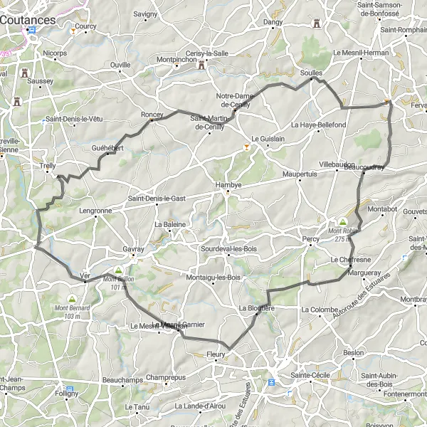 Map miniature of "Guéhébert and Mont Brillon Circuit" cycling inspiration in Basse-Normandie, France. Generated by Tarmacs.app cycling route planner