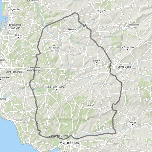 Map miniature of "The Lengronne Loop" cycling inspiration in Basse-Normandie, France. Generated by Tarmacs.app cycling route planner