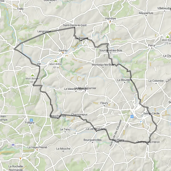 Miniature de la carte de l'inspiration cycliste "Circuit autour de Cérences" dans la Basse-Normandie, France. Générée par le planificateur d'itinéraire cycliste Tarmacs.app
